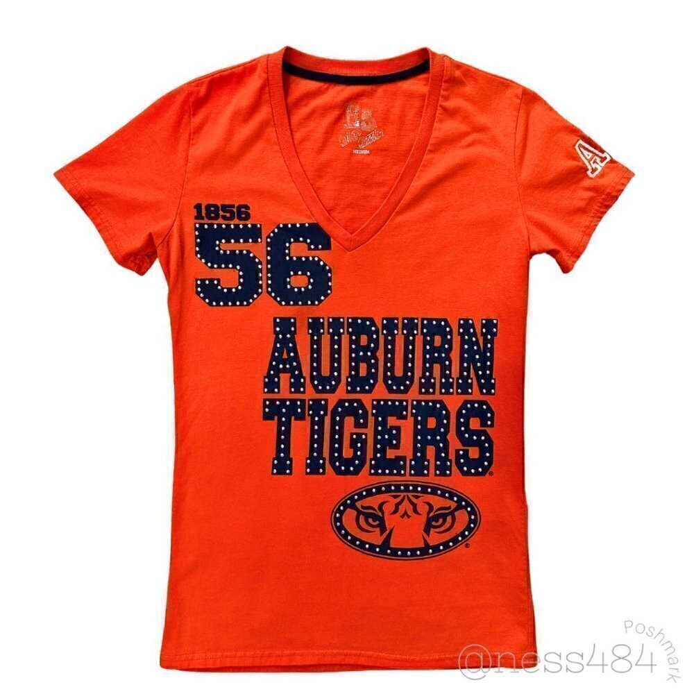 Auburn TigerS 1856 Womens V Neck Rhinestone Graphic T Shirt Medium Orange‎